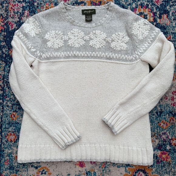 Vtg Eddie Bauer Cotton Wool Snowflake Fair Isle Crewneck Sweater 90s Size Small - Picture 2 of 6
